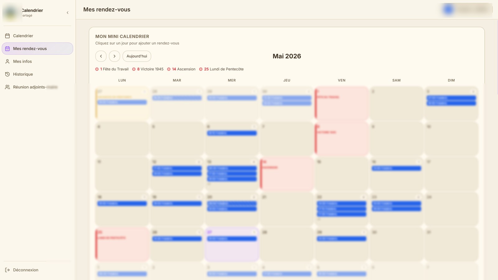 Application web sur mesure de calendrier partagé entre maire, adjoints et secrétariat pour une mairie française — coordination des rendez-vous et réunions (Next.js, PostgreSQL, événements anonymisés)